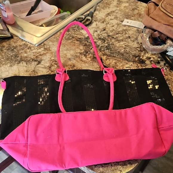 Victoria's Secret Black Sequin Tote with Hot Pink Trim - Picture 4 of 5